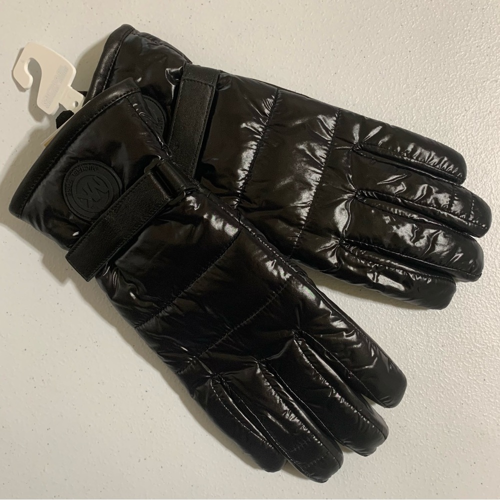 Michael Kors Genuine Black Leather Trim Touch Tip Insulated Gloves-Size L New